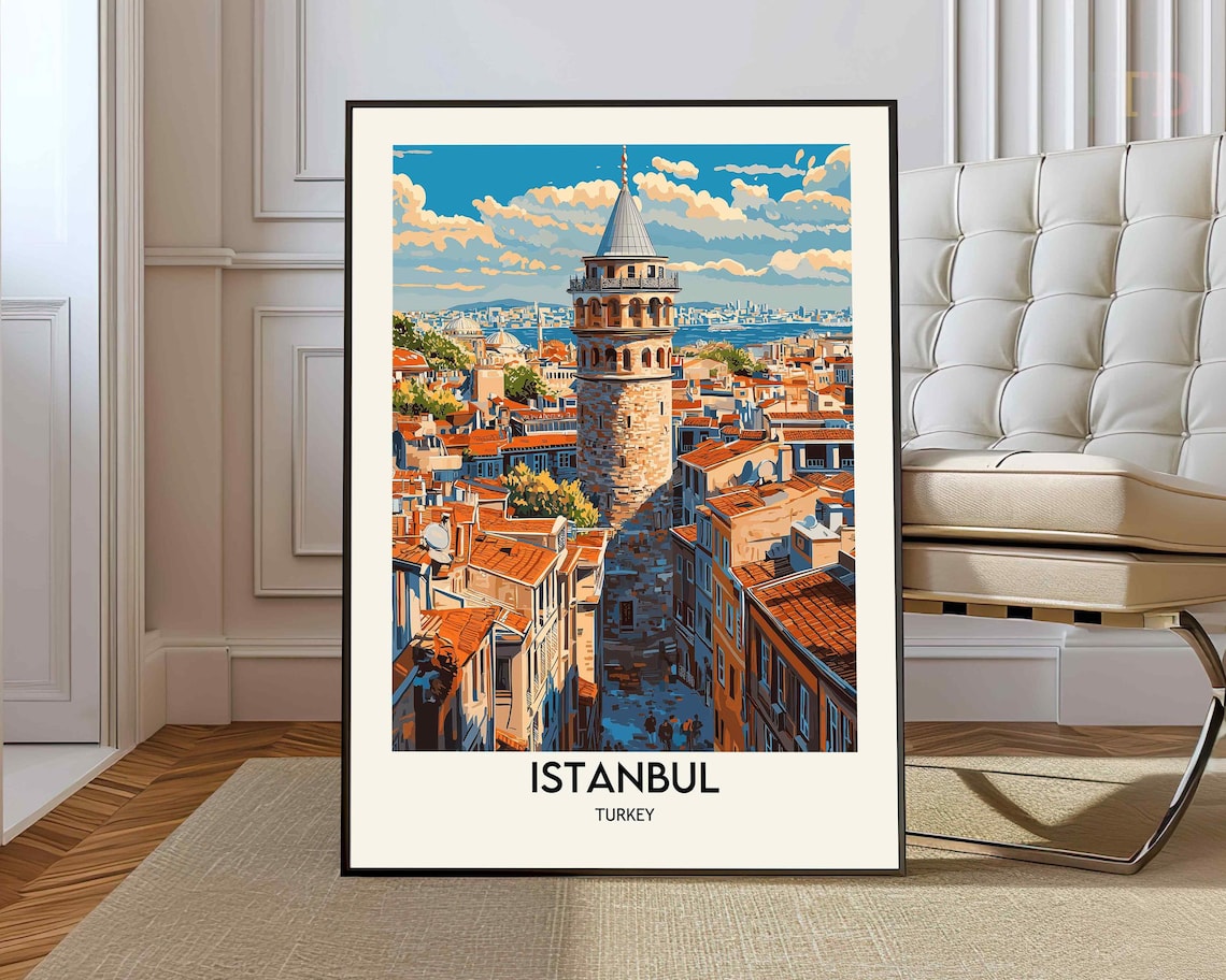 Galata Tower Istanbul Turkey Travel Poster with Historic Landmark Art
