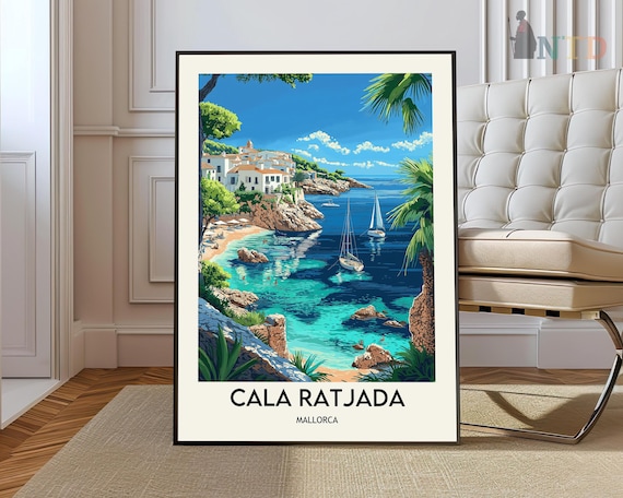 Cala Ratjada Mallorca Turquoise Cove Sailboats Vintage Travel Poster