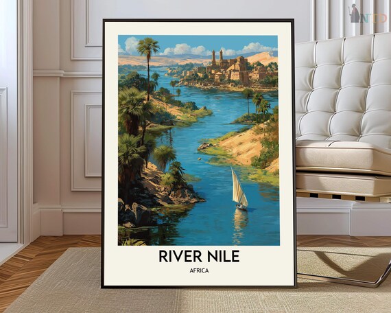 River Nile Egypt Ancient Felucca Temple Ruins Vintage Travel Poster