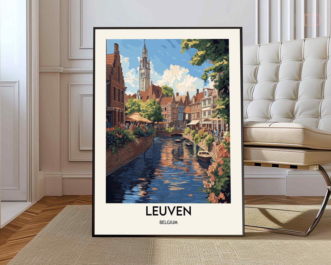 Leuven Belgium Canal Church Tower Café Vintage Travel Poster