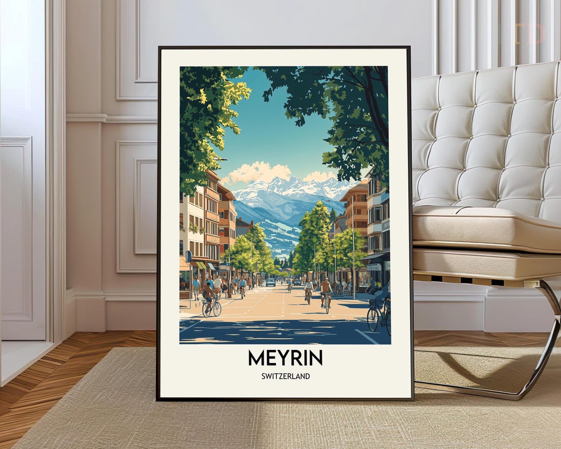 Meyrin Switzerland Tree Lined Avenue Cyclists Alpine Town Poster