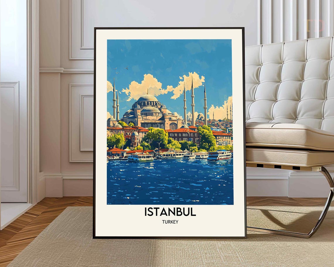 Istanbul Blue Mosque Travel Poster with Waterfront and Ferries