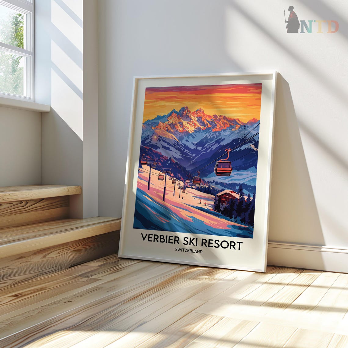 Verbier Ski Resort Gondolas at Orange Sunset View Travel Poster - Image 3