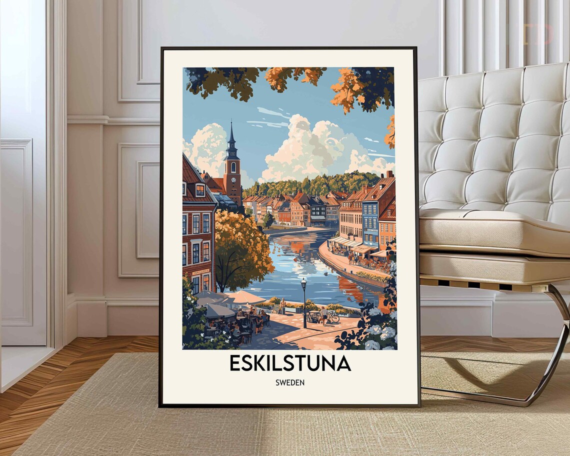 Eskilstuna Sweden Riverside Old Town Church Retro Travel Poster