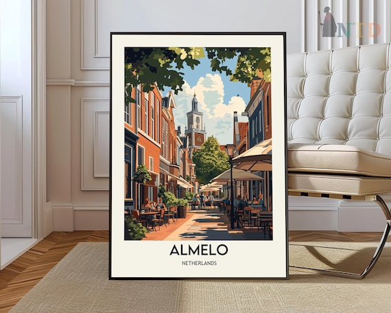 Almelo Netherlands Clock Tower Cafe Street Scene Travel Art Poster
