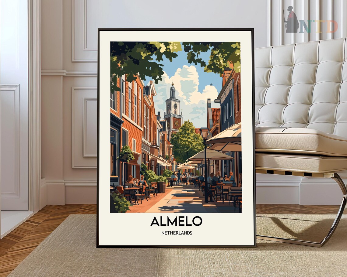 Almelo Netherlands Clock Tower Cafe Street Scene Travel Art Poster