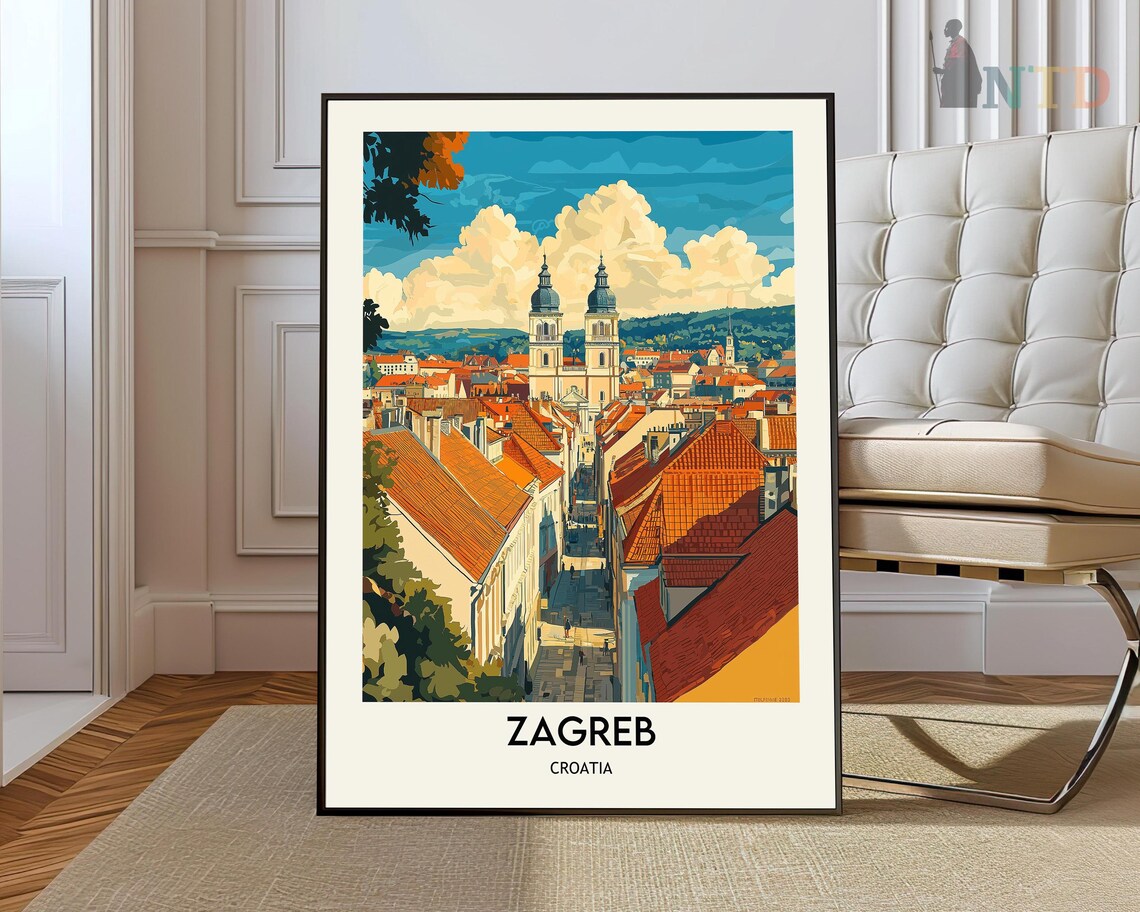 Zagreb Croatia Red Rooftops Old Town Street Scene Travel Poster