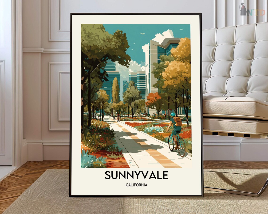 Sunnyvale California Cyclist on Modern Green Path Travel Poster