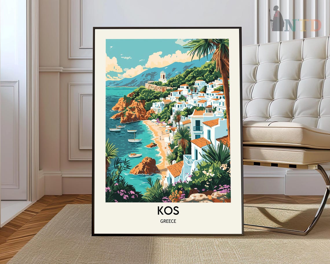 Beautiful Kos Greece Turquoise Coastline Village Travel Poster
