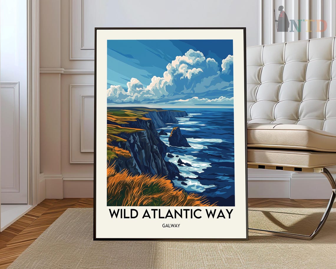 Wild Atlantic Way Galway Ireland Sea Cliffs Vintage Travel Poster