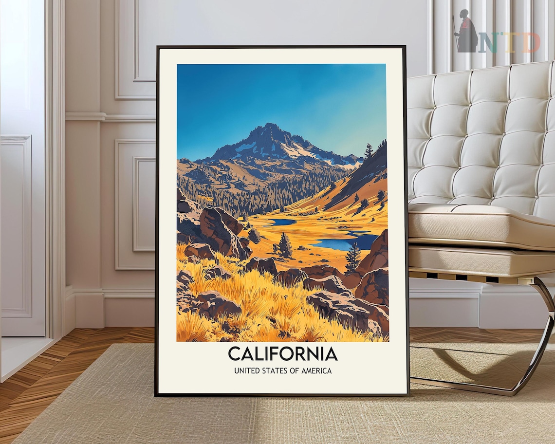 California USA Golden Alpine Meadow Mountain Peak Travel Poster