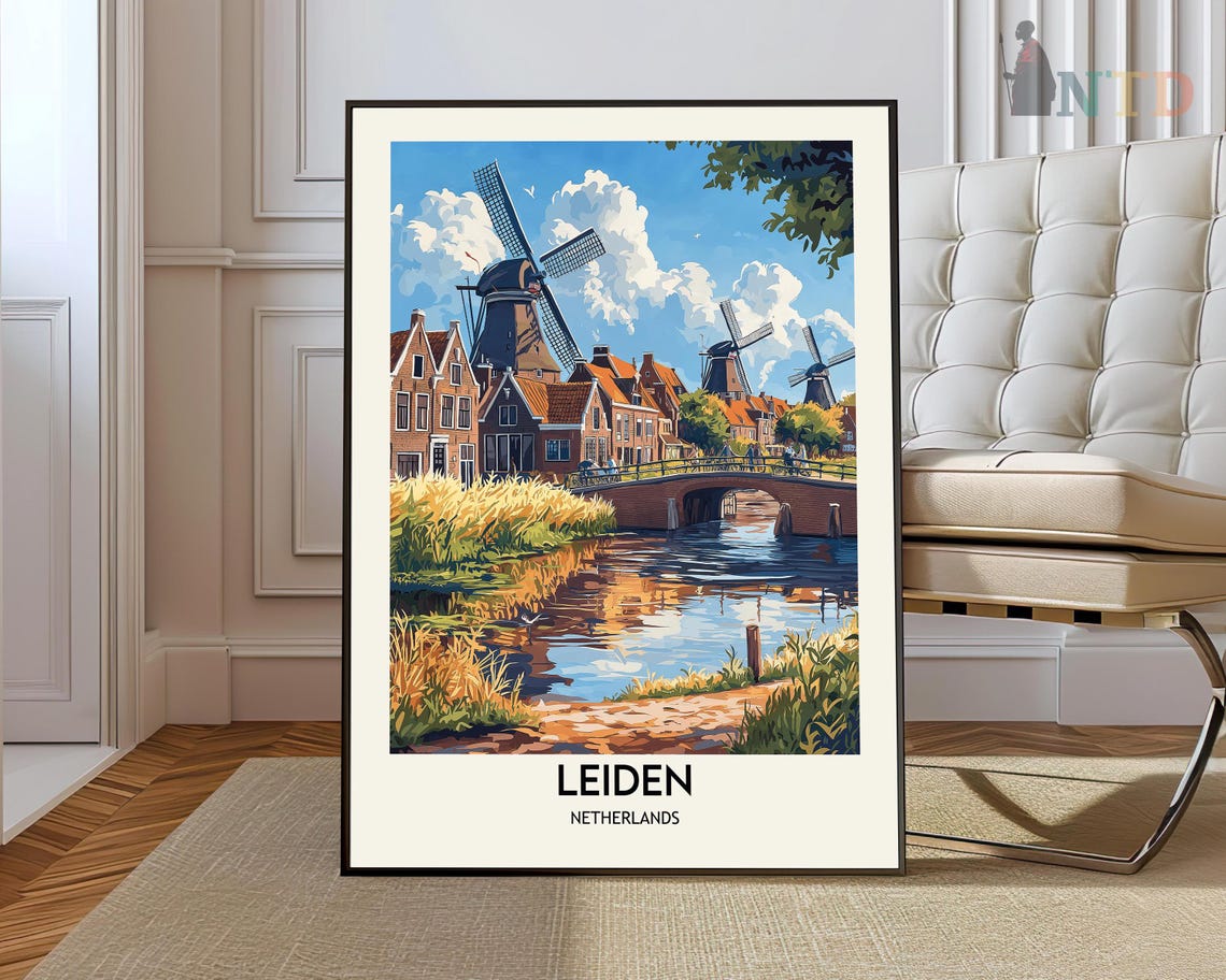 Leiden Netherlands Windmills Canal Bridge Golden Hour Travel Poster