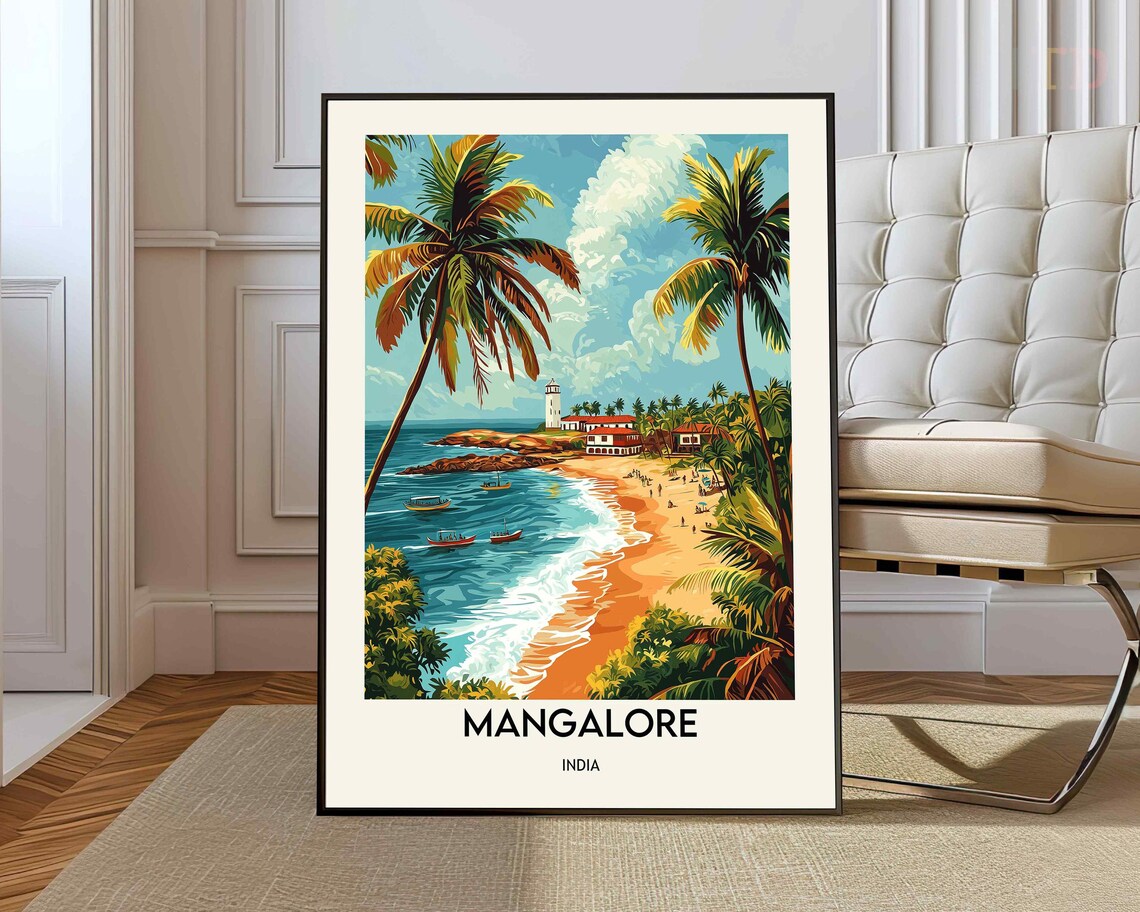 Mangalore India Tropical Beach Lighthouse Palm Trees Travel Poster