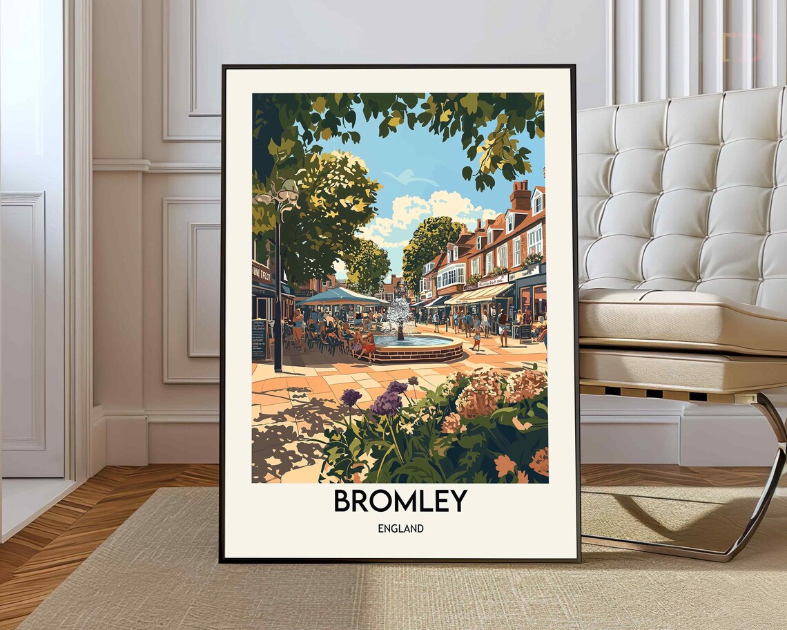 Bromley England Sunny Town Square Vintage Style Travel Poster
