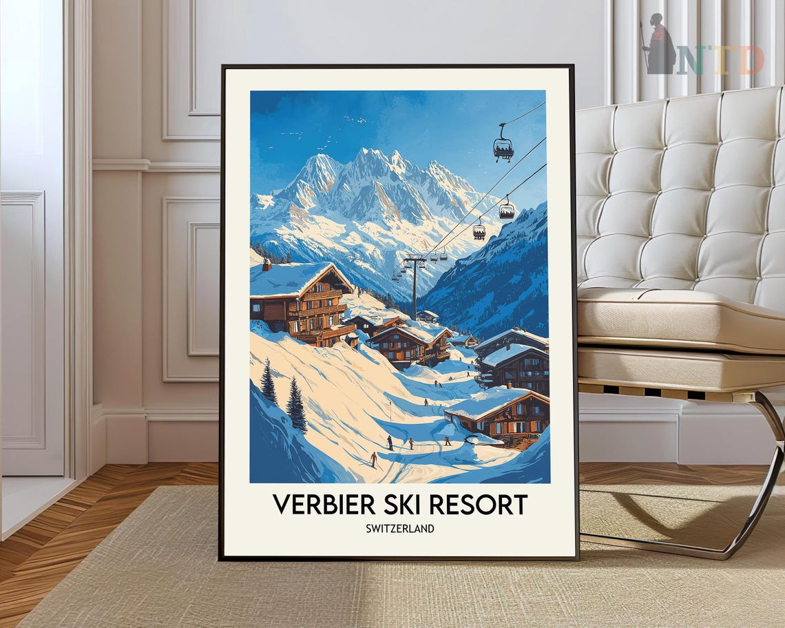 Verbier Ski Resort Gondolas Over Snow Chalets Scene Travel Poster
