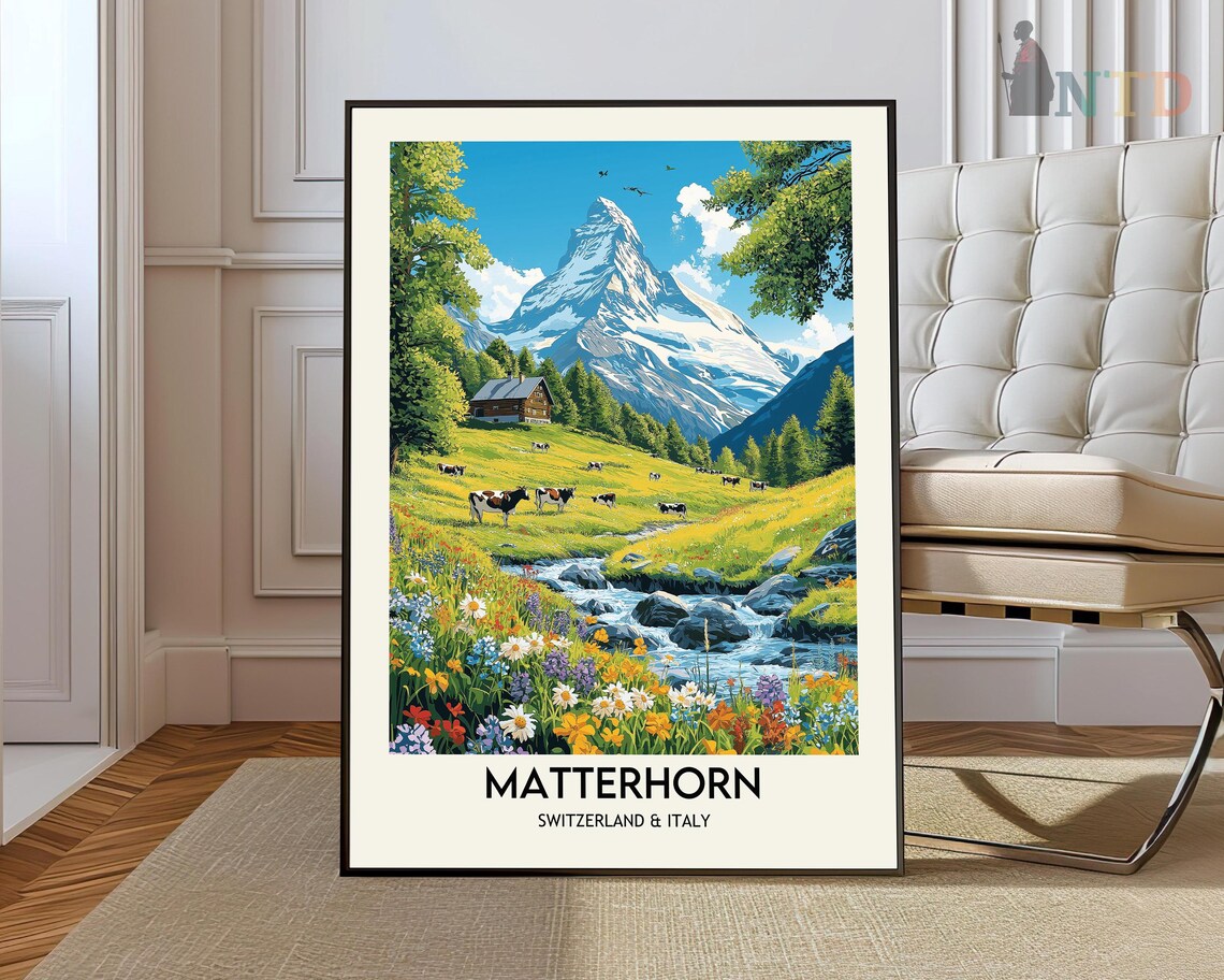 Matterhorn Switzerland Italy Alpine Meadow Vintage Travel Poster