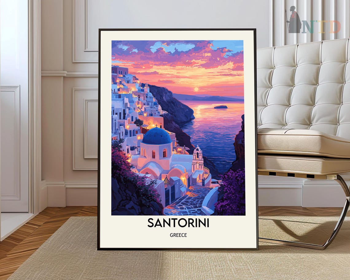 Santorini Blue Dome Evening Sky Village Lights Travel Poster