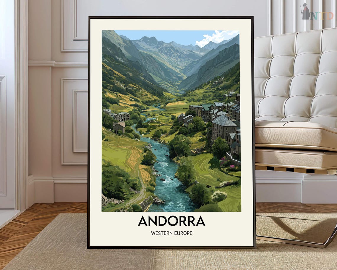 Andorra River Valley Mountain Village Illustrated Travel Poster