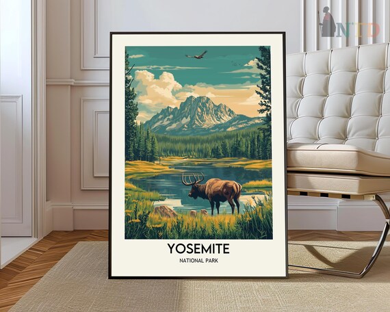 Yosemite National Park Elk at Alpine Lake Vintage Travel Poster
