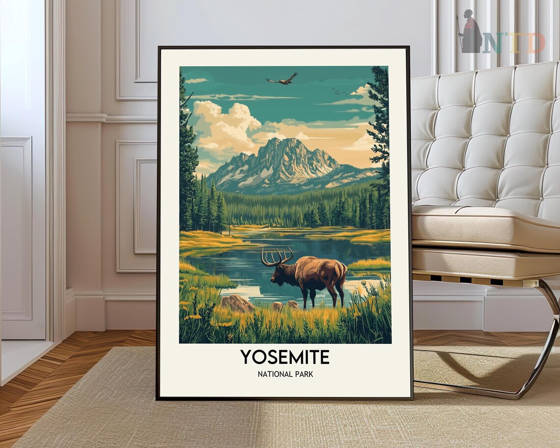 Yosemite National Park Elk at Alpine Lake Vintage Travel Poster