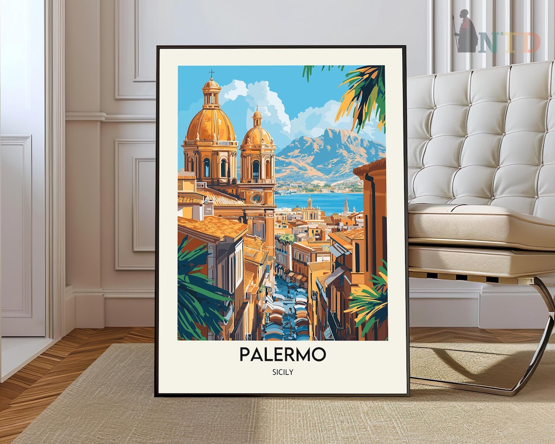 Palermo Sicily Cathedral Street Market Retro City Travel Poster