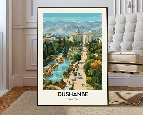 Sunny Dushanbe Tajikistan City Fountains and Gardens Travel Poster