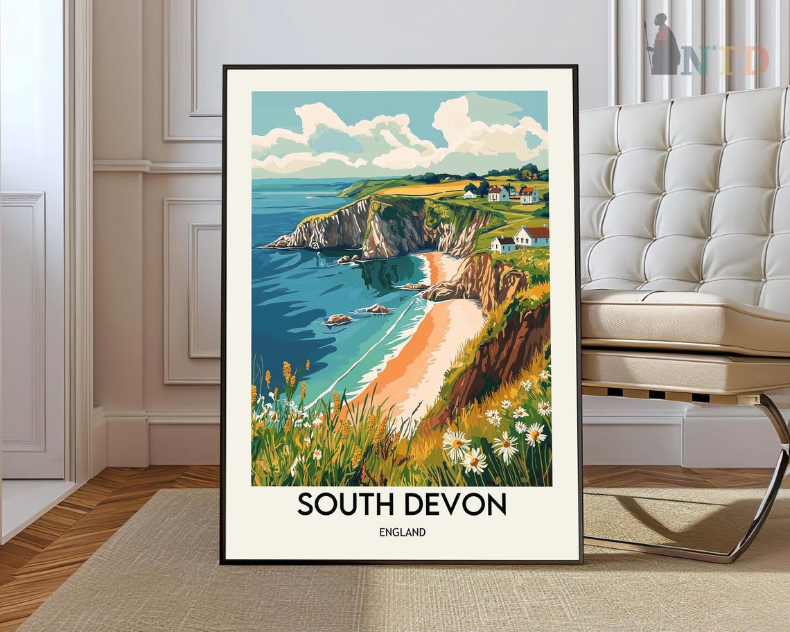 South Devon England Coastal Cliffs Beach Retro Travel Poster