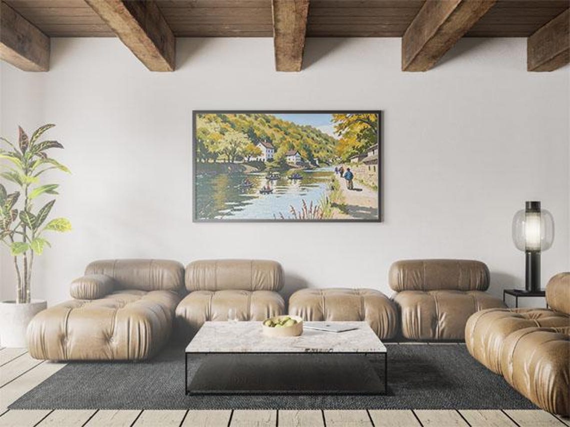 Scenic River Landscape Wall Art Vintage Countryside Painting Boating Nature Scene Wall Decor Home Decor