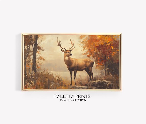 Majestic Stag Antlers Lakeshore Golden Autumn Forest Wildlife Art Print