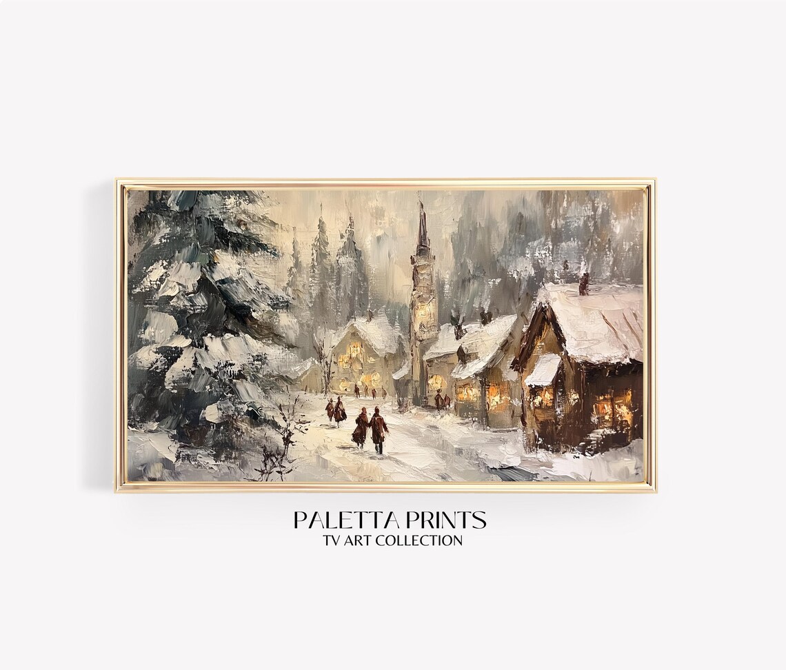 Cozy Snowy Village With Church Glowing Windows Christmas Art Poster