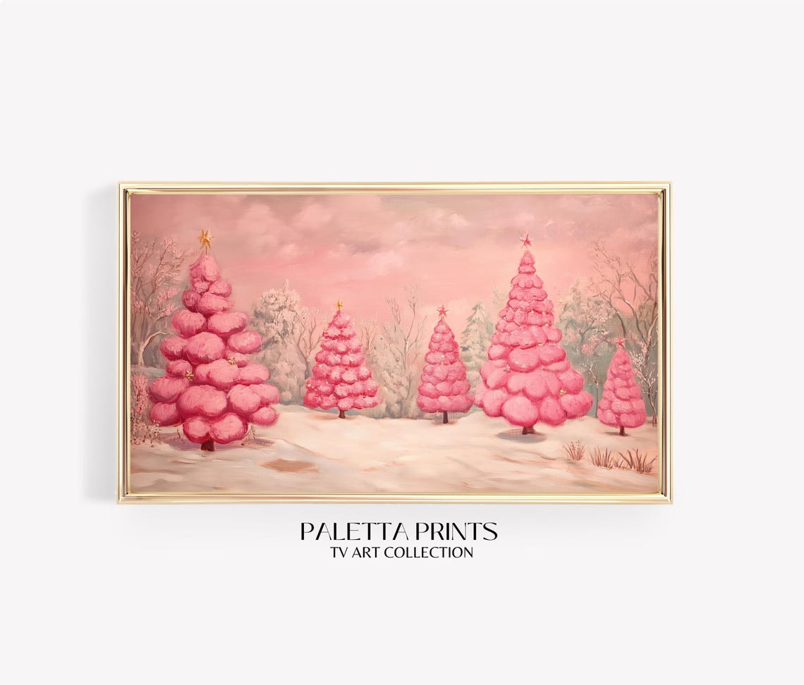 Pink Christmas Trees Star Toppers Snowy Winter Scene Wall Art