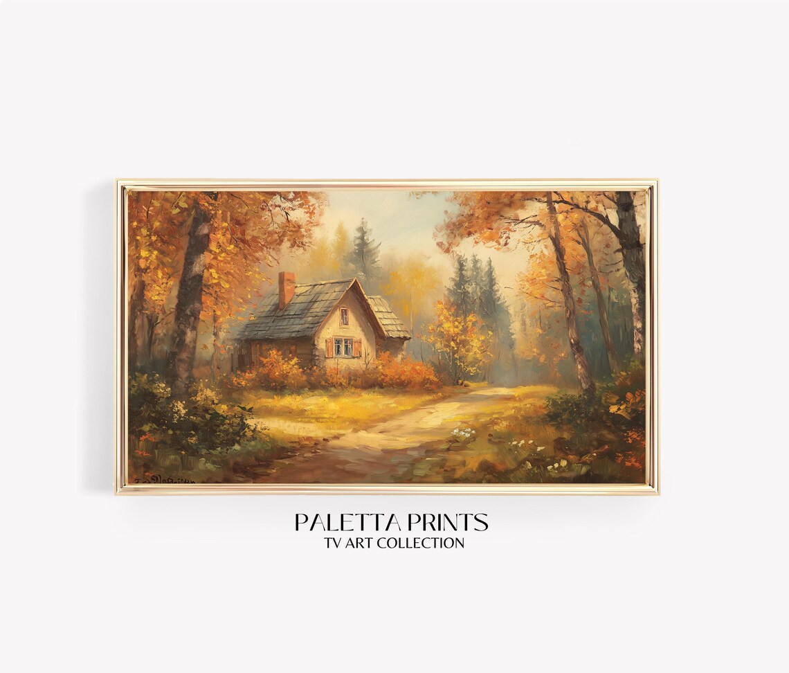 Rustic Cabin Golden Autumn Woods Country Path Vintage Travel Poster