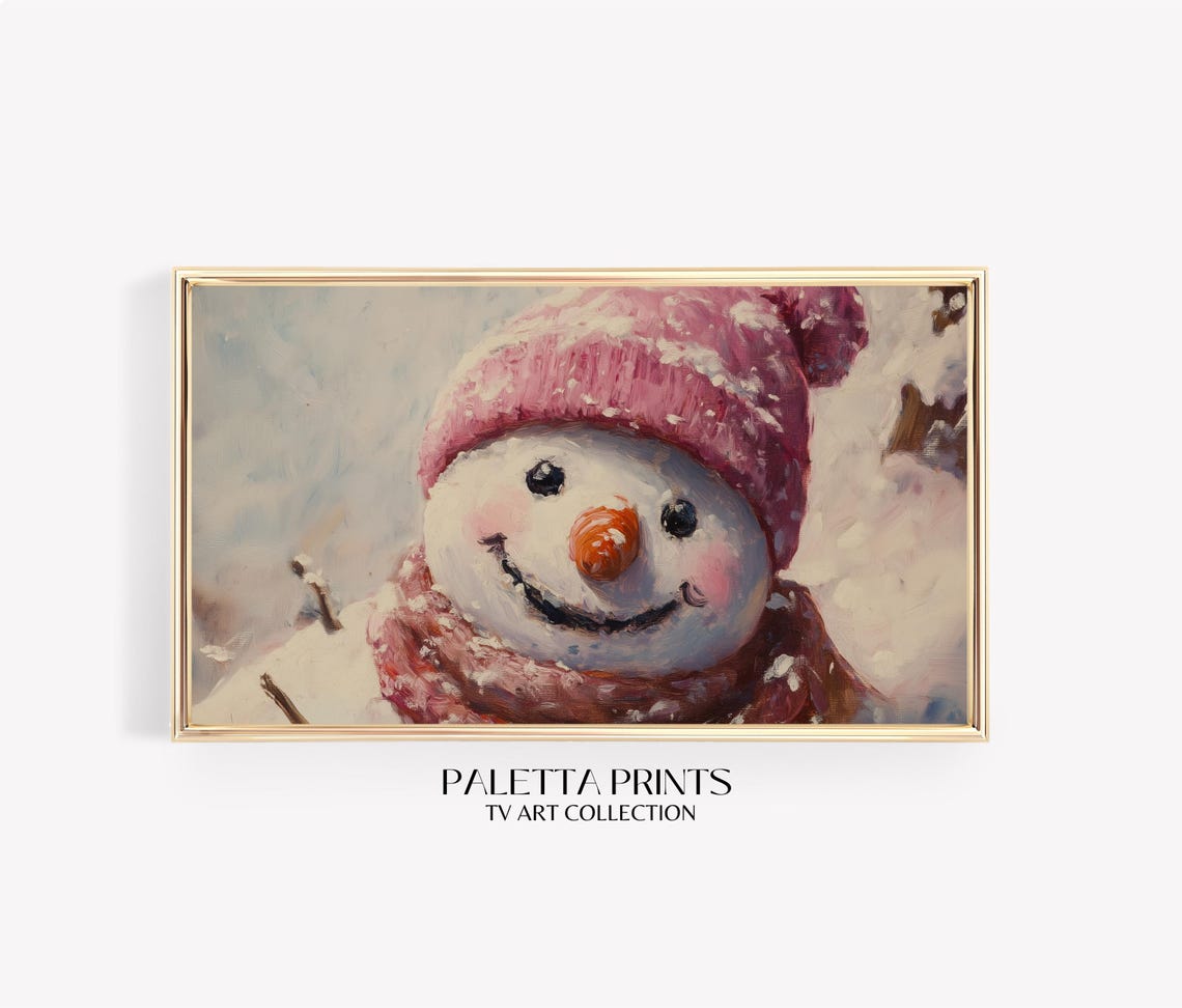 Cheerful Snowman Portrait Pink Knit Hat Impasto Winter Scene Poster