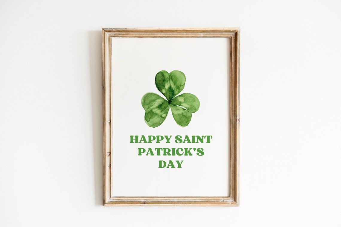 Happy Saint Patricks Day Watercolor Shamrock Green Quote Wall Art