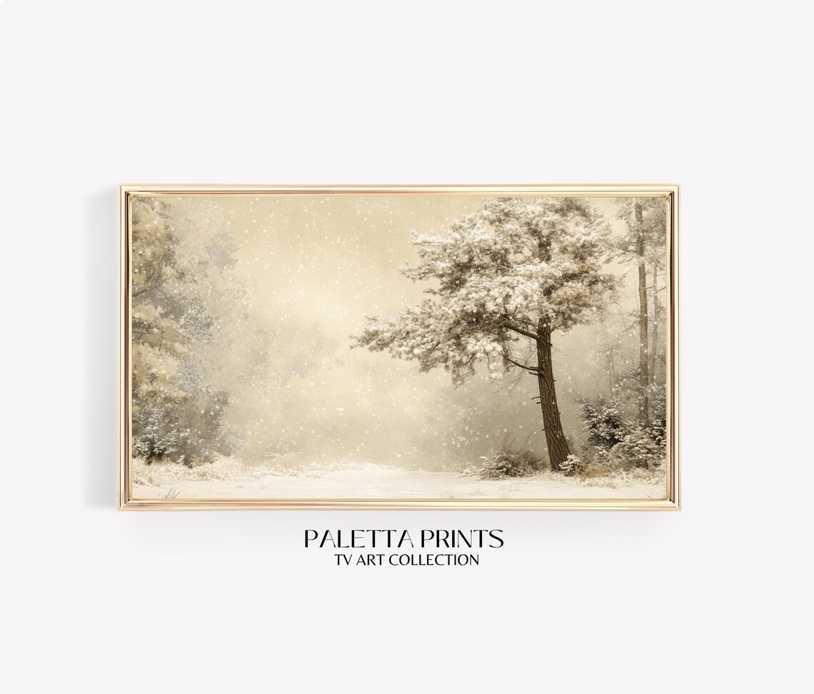Snowy Pine Forest Golden Falling Snow Neutral Winter Nature Poster