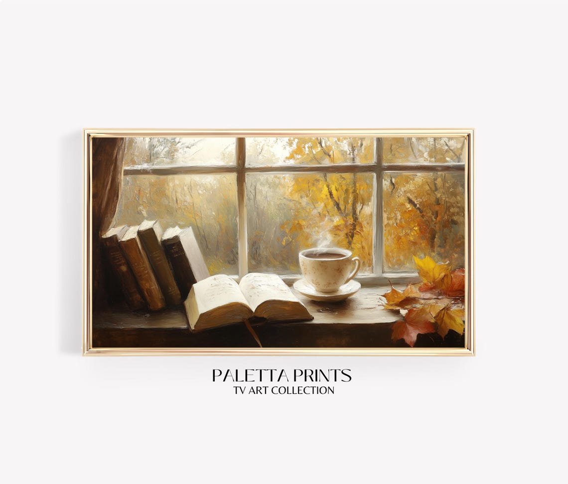 Golden Autumn Window Books Steaming Cup Fall Foliage Cozy Poster