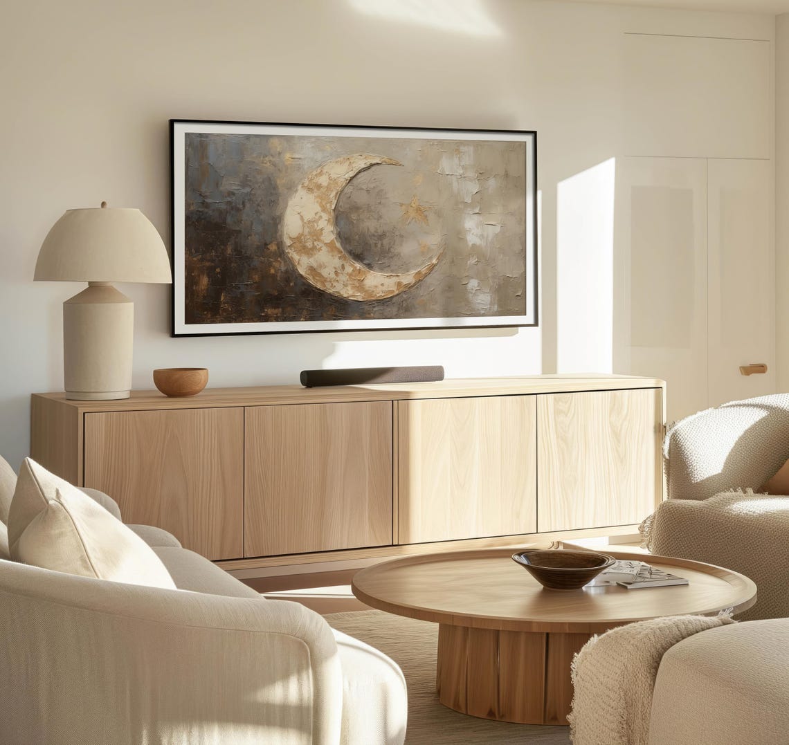 Textured Crescent Moon Star Islamic Wall Art Beige Gold Abstract Painting For Frame Tv Ramadan Decor Middle Eastern Spiritual Home Accent