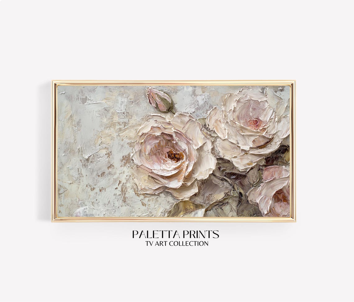 Soft Neutral Grey Pink Roses Impasto Bouquet Painting Art Poster