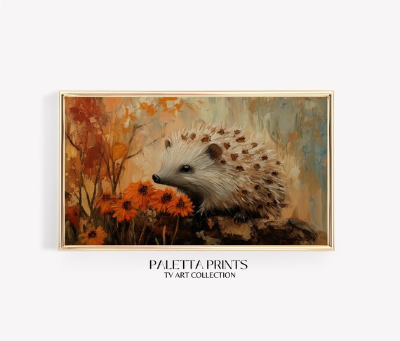 Cute Hedgehog Among Orange Flowers Autumn Impressionist Animal Wall Art