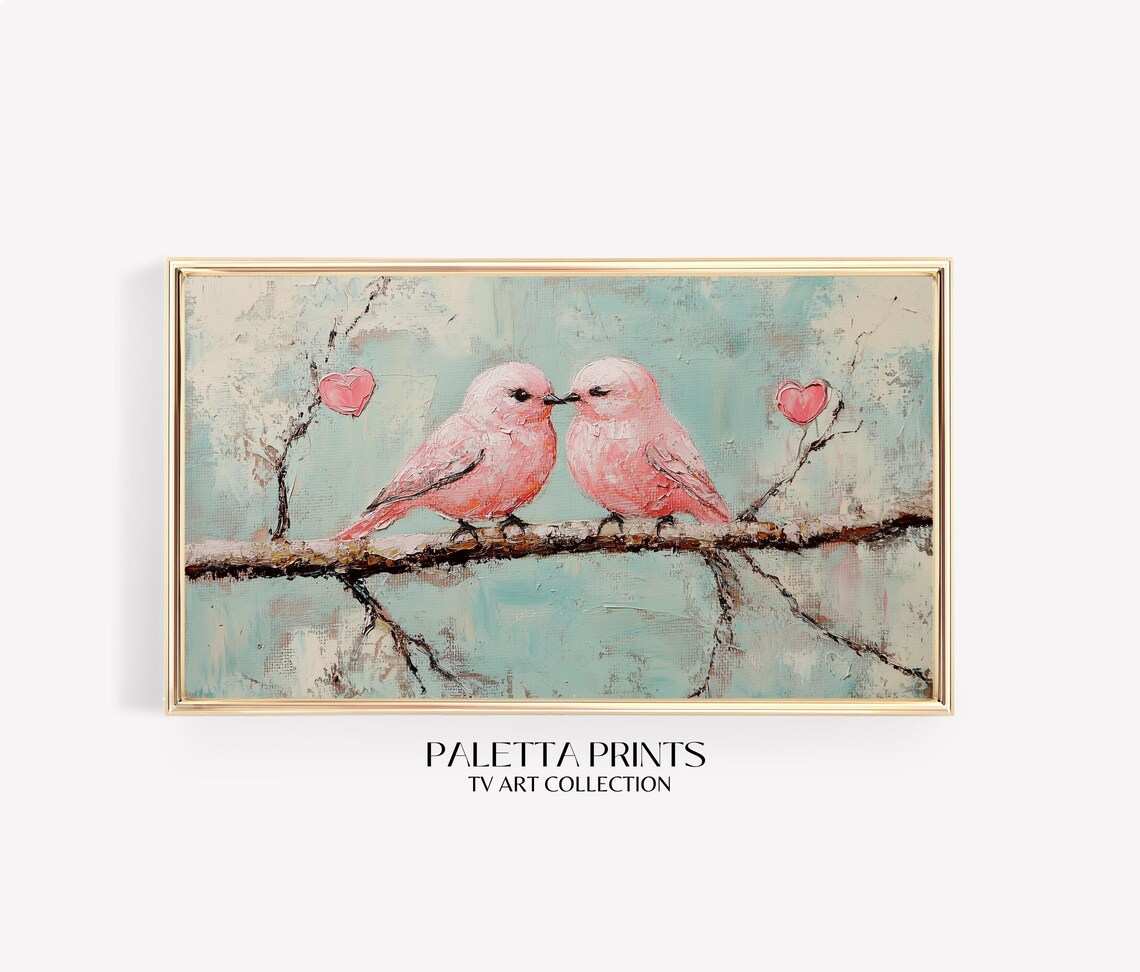 Pink Lovebirds Kissing Hearts Teal Background Bird Art Poster