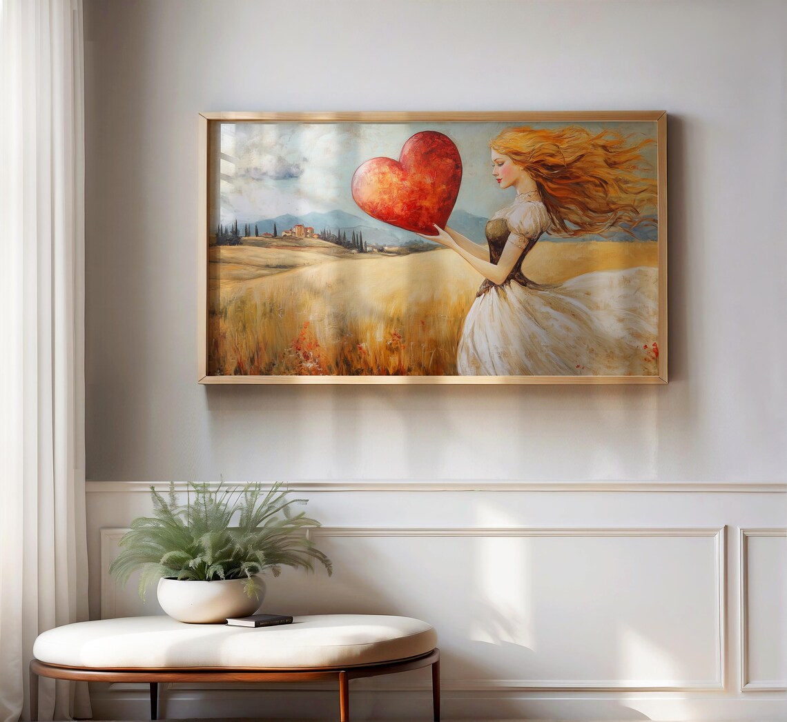 Romantic Woman Holding Red Heart Golden Wheat Field Painting Love Art Poster - Image 2