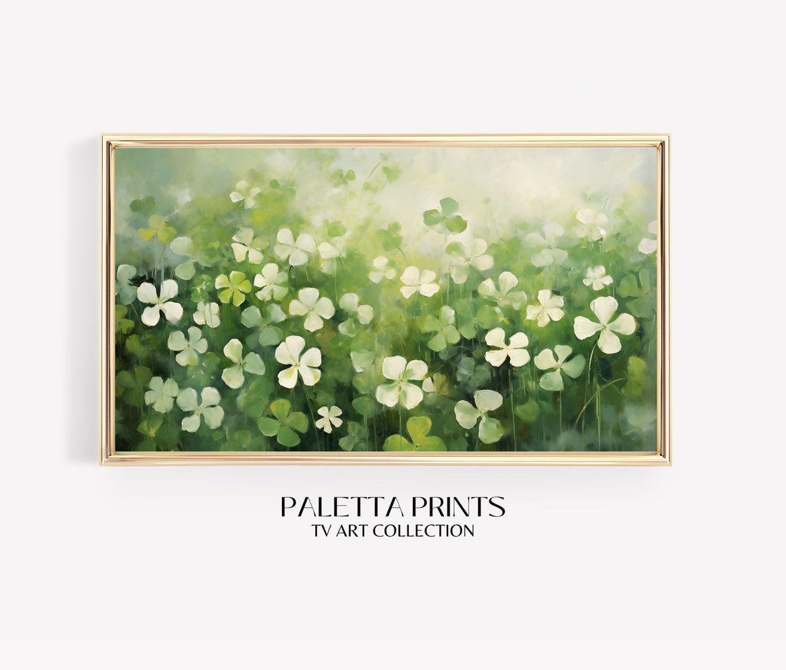 Shamrock Clover Field Watercolor Painting St Patricks Day Wall Art