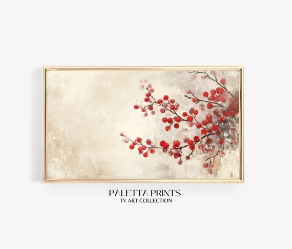 Red Berries On Beige Tv Art Art For Hisense Frame Tvs Minimalist Winter Decor Neutral Tv Art Rustic Art