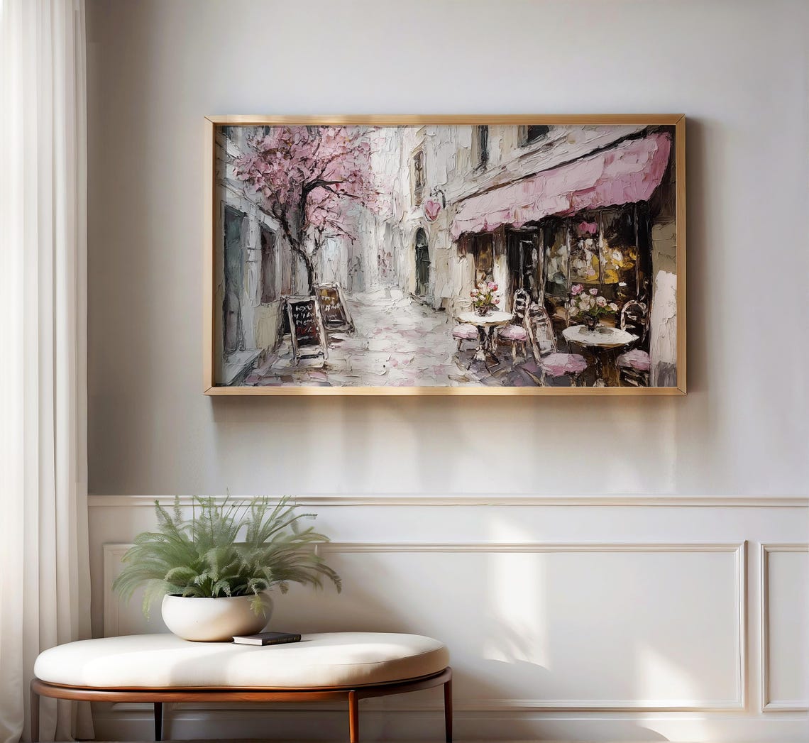 Parisian Cafe Street Pink Awning Spring Blossom Travel Poster - Image 2