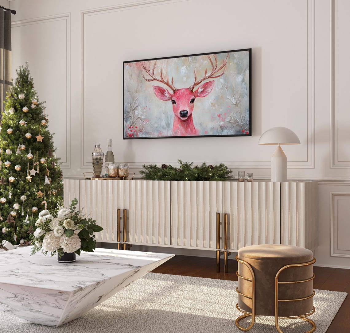 Whimsical Pink Reindeer Portrait Snowy Holiday Red Berries Poster - Image 3