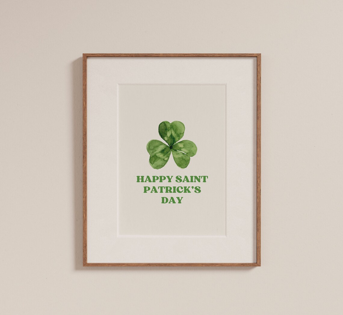 Happy Saint Patricks Day Watercolor Shamrock Green Quote Wall Art - Image 2