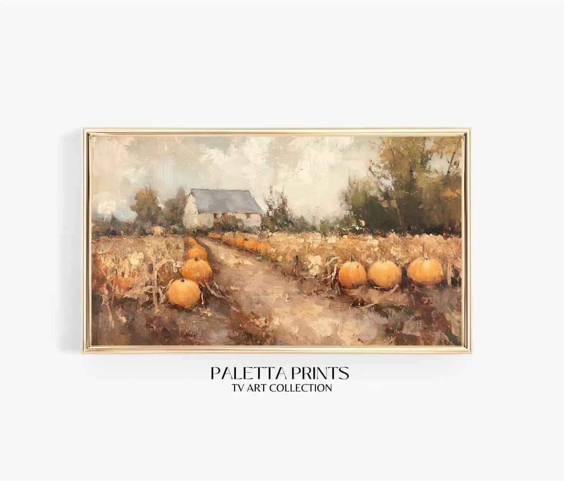 Rustic Pumpkin Patch Rows Distant Barn Impressionist Fall Art Poster