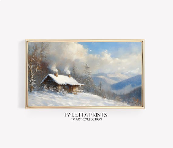 Cozy Cabin In Snowy Mountain Landscape Frame Tv Art Winter Log House Tranquil Rustic Sky And Nature Painting