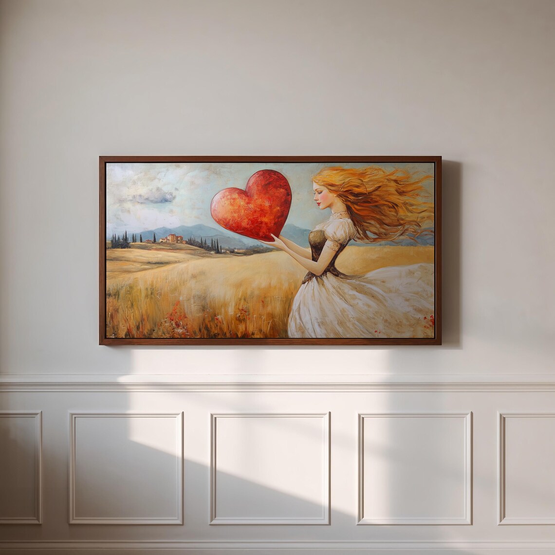 Romantic Woman Holding Red Heart Golden Wheat Field Painting Love Art Poster - Image 3