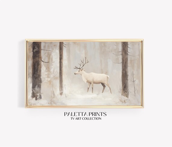 White Stag In Winter Forest Tv Art Art For Hisense Frame Tvs Serene Seasonal Decor Rustic Winter Art Neutral